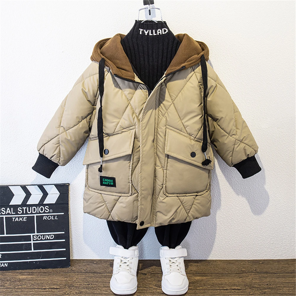 2-14Y coreano moda ragazzi cappotto inverno bambini kaki giacca nera addensare piumino caldo bambino bambini cerniera capispalla con cappuccio