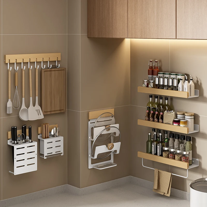 Kitchen shelving, non perforated wall mounted household seasoning products