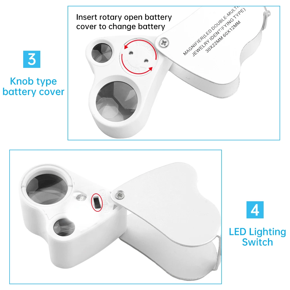 Jewelry Magnifier With Lights 30X 60X Magnification Magnifying Glass Portable Reading Pocket Magnifier Magnifying Loupe