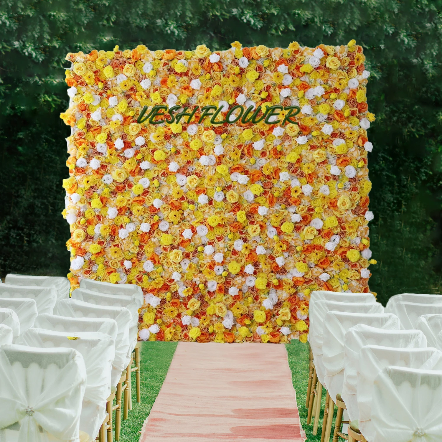 Outdoor Wedding Backdrop 3D Yellowe Curtain Flower Wall Rose Gerbera Arrangement Floral Event Party Reception Props