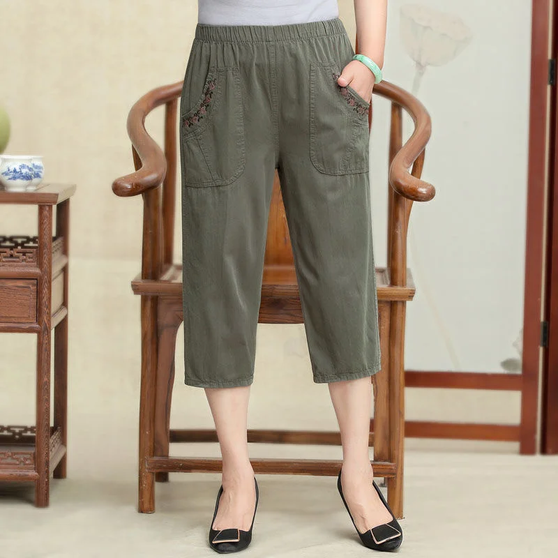 

Summer Women Cotton Capris Pants Middle Aged Women's High Waist Cropped Pants Embroidery Straight Calf-Length Pant Woman