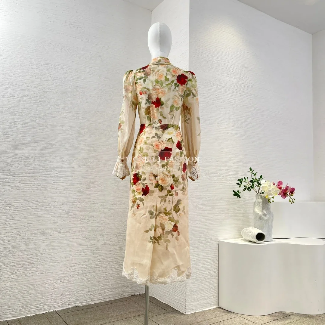 

Floral Print Lace Patchwork Vintage Full Sleeve Blouse and Ramie Midi Skirt Women Set 2025 New High Quality