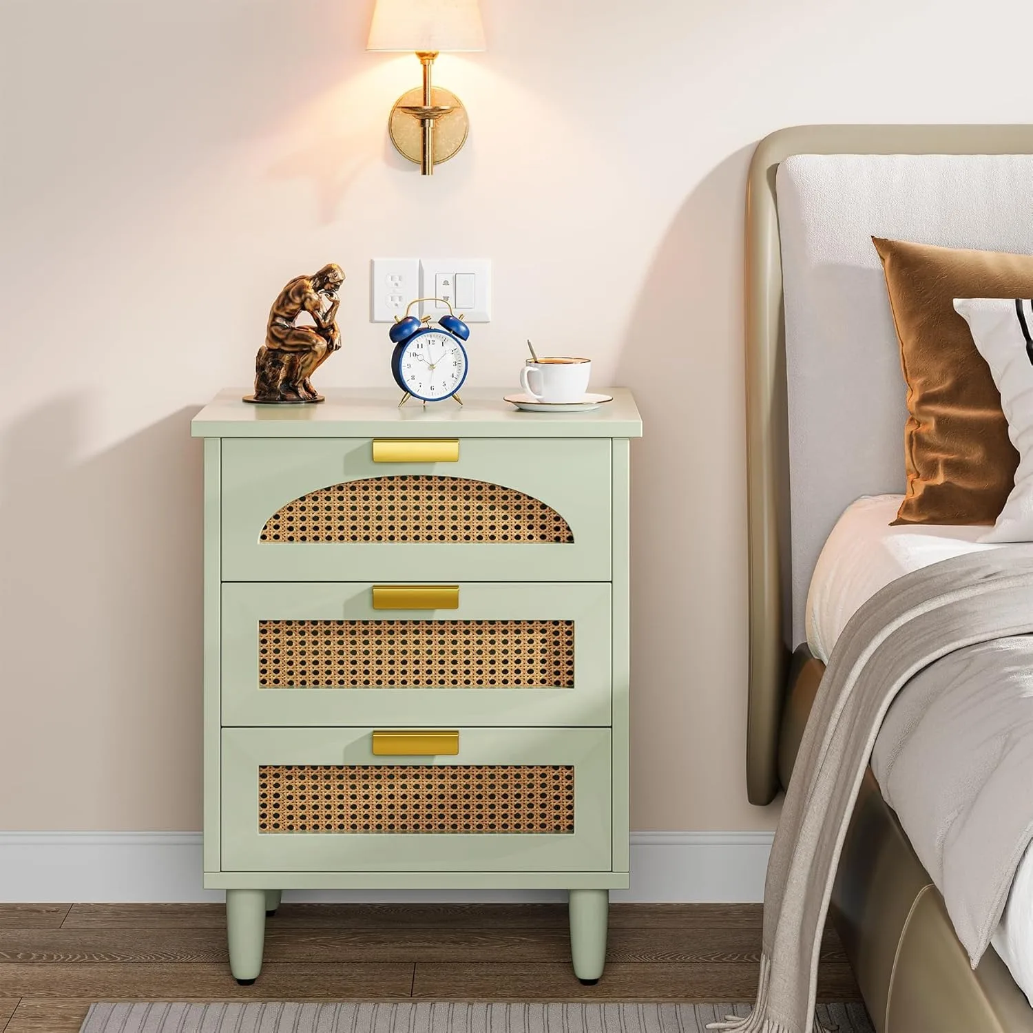 Mint Green Nightstand, 3-Drawer Rattan Night Stand Side Table, Accent Bedside Tables End Table for Bedroom and Small Spaces