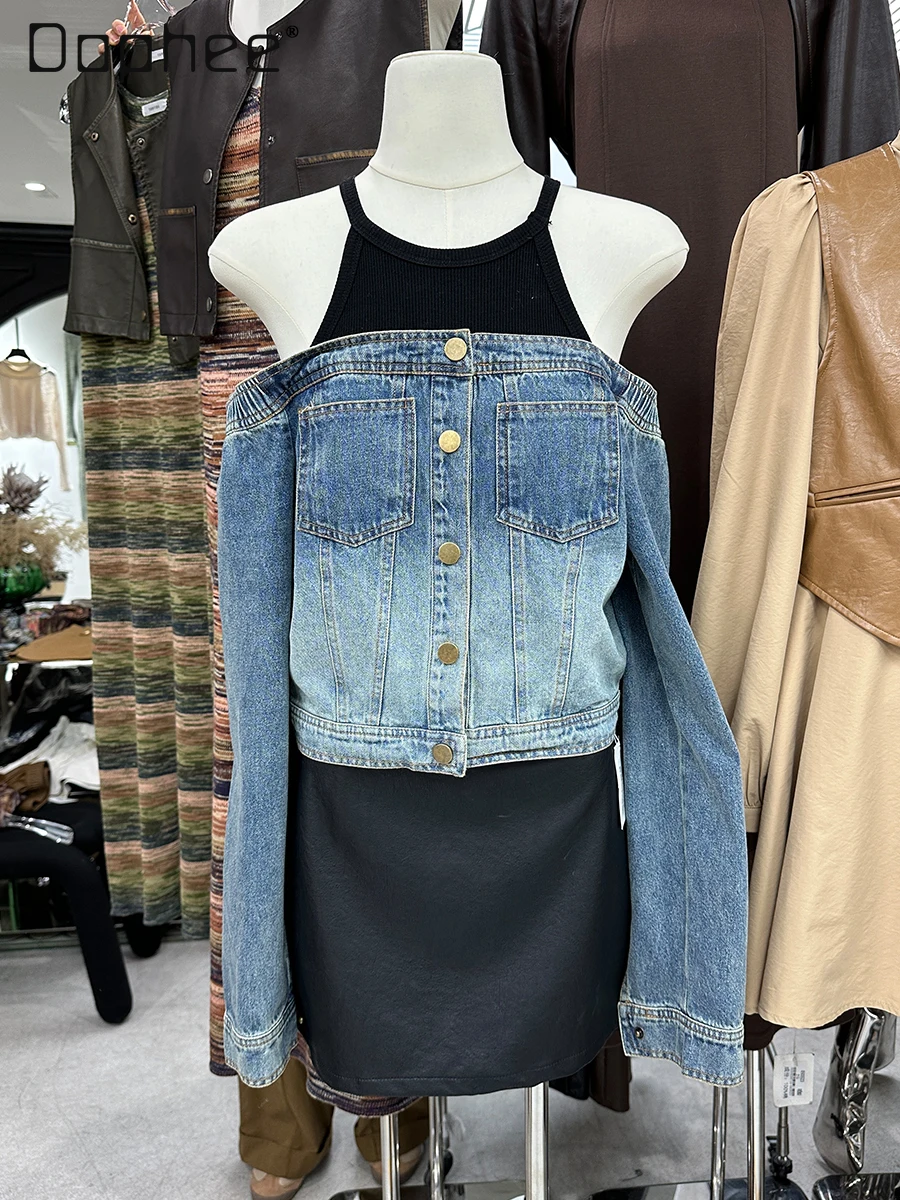 

Women's Fake Two Piece Denim Shirt Patchwotk Long Sleeve Halter Off Shoulder Single Breasted Tops Sexy Spring Autumn New