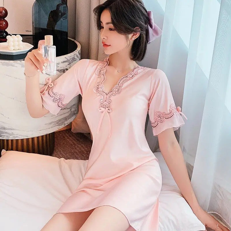 Short Sleeve Nightgowns Women Chic Lace V-neck Sweet Female Sexy Thin Homewear Stylish Korean Style Gentle Charming Nightdress