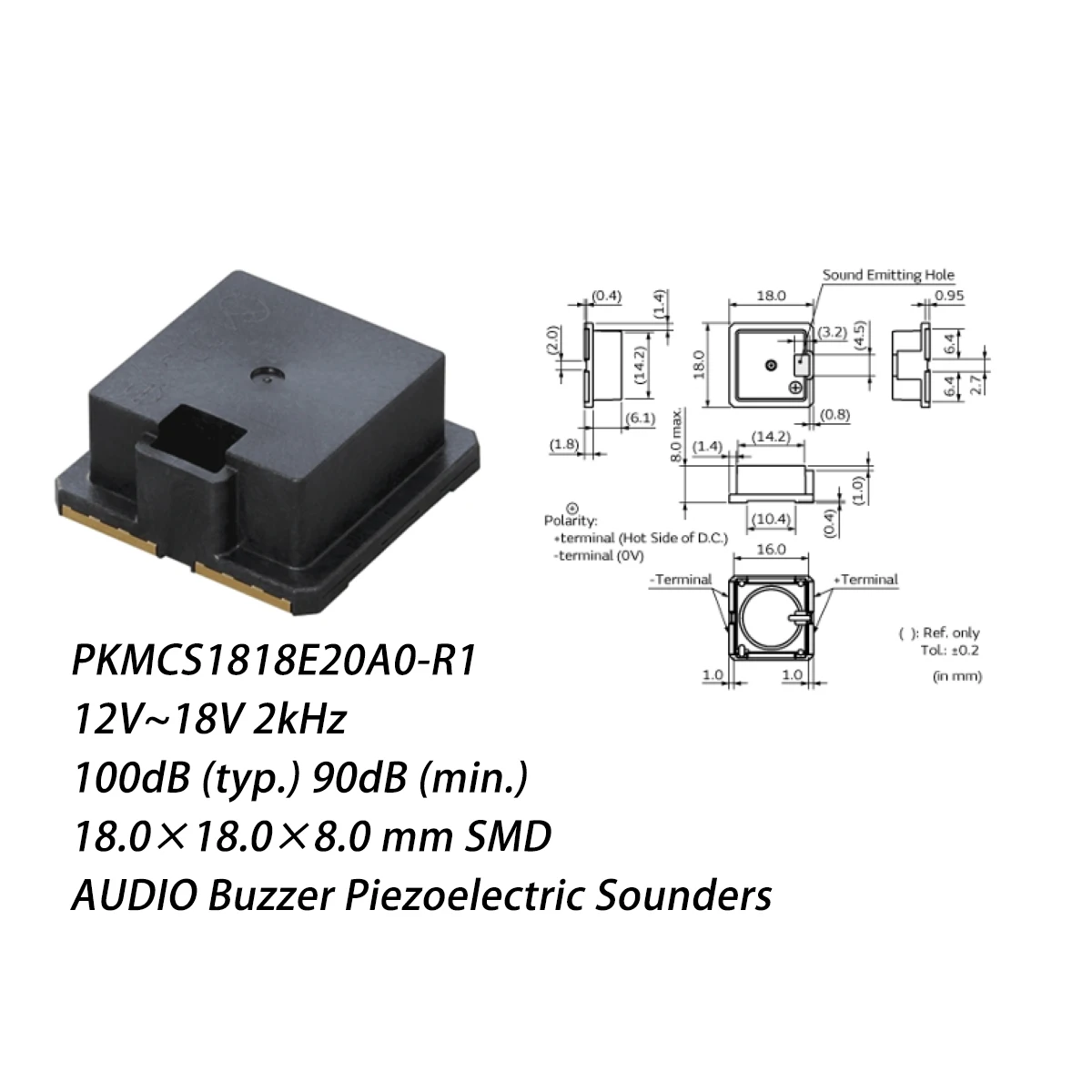 10PCS PKMCS1818E20A0-R1 12V~18V 2kHz 100dB (typ.) 90dB (min.) 18x18x8mm Passive NEW Original AUDIO Buzzer Piezoelectric Sounders