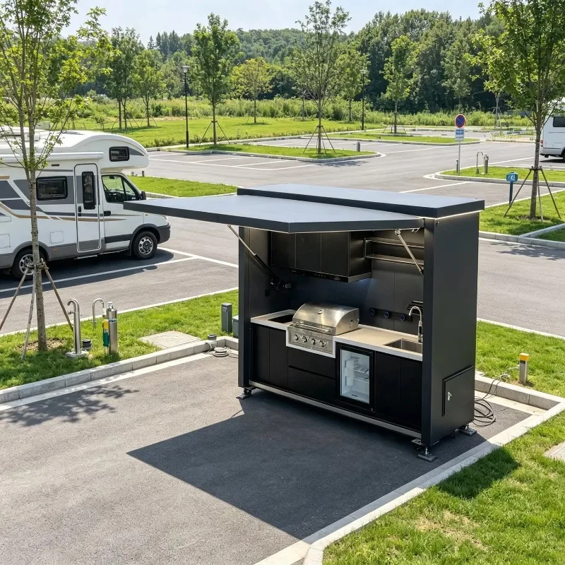 Modular Outdoor Kitchen Cabinet Aluminum Waterproof Garden BBQ Grill Station Luxury Prefab Kitchen Island for Patio Custom