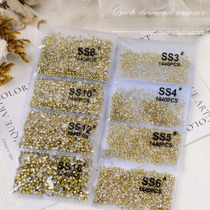 1440Pcs Popular Pointed Back White Nail Rhinestones, Czech Sparkly Starry Sky Clear Glass Diamonds for Nail Filling & Clusters