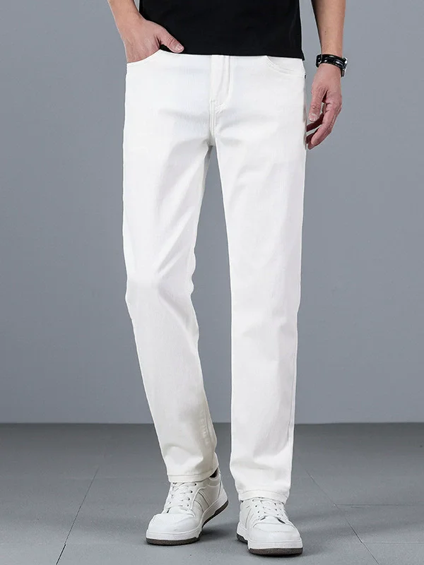 

Summer Straight Fit Mens Jeans Casual Stretch Khaki Black 96% Cotton Trousers for Men White Denim Pants 2026