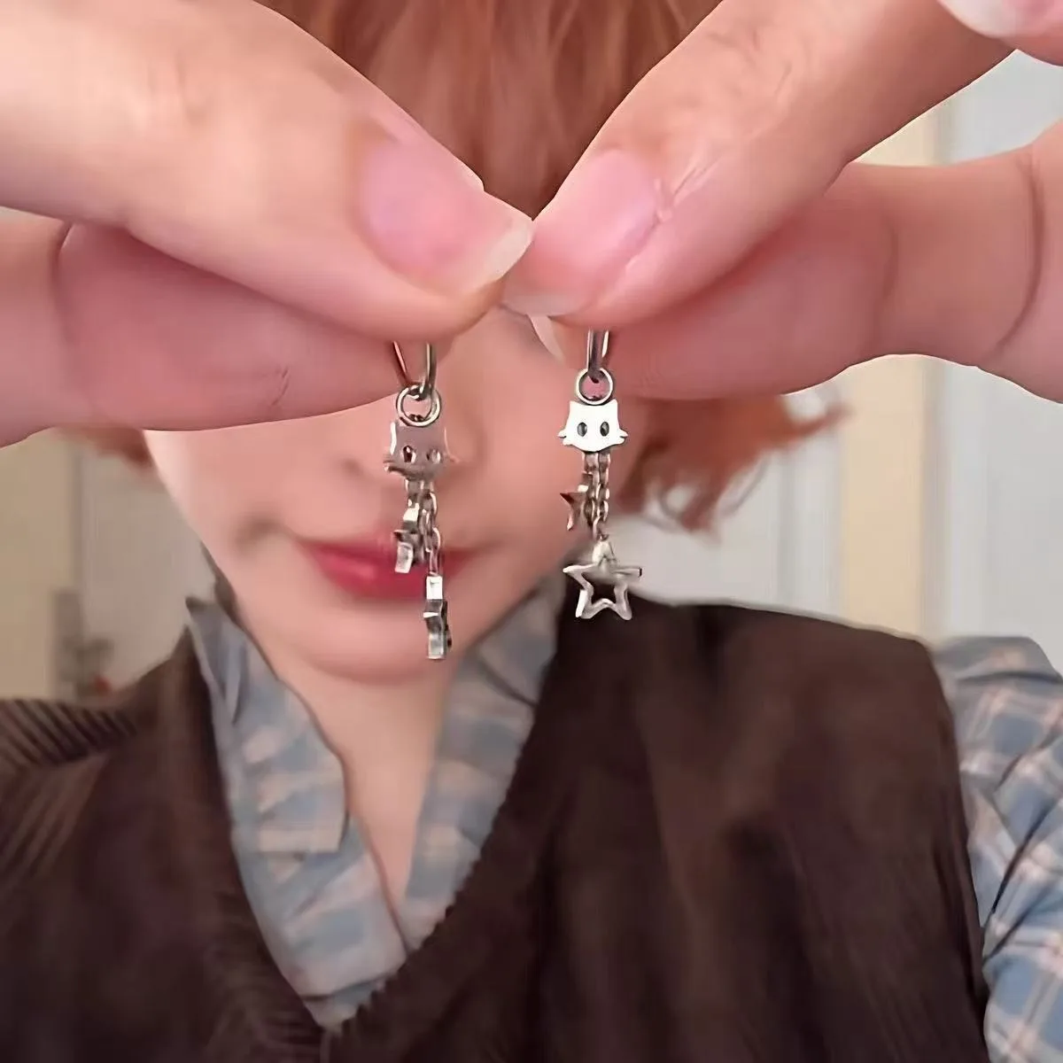 

5PCS 2025 New Tassel Charm Earring for Women Cat Star Ear Chain Hoop, Chunky Cute Girly Heart Stud Earrings Jewelry Gift
