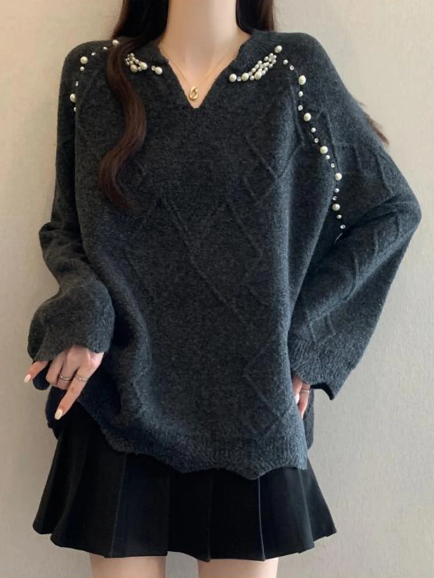 

Вязаный свитер женский осенне-зимний свободного кроя с жемчужной отделкой, удобный топ высокого качества, модный и стильный