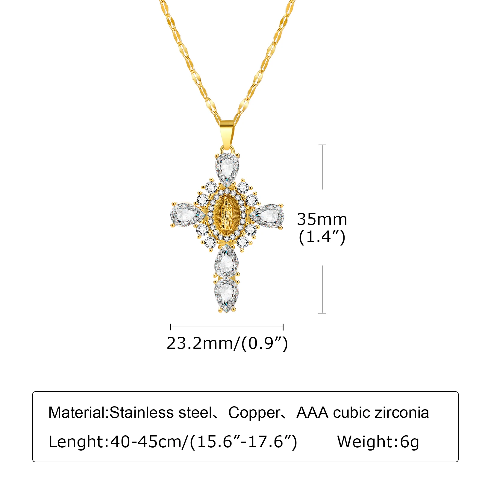 Virgin Mary Cross Pendant Necklace for Women, Brilliant Cubic Zirconia Crucifix Faithful Symbolism Neck Jewelry