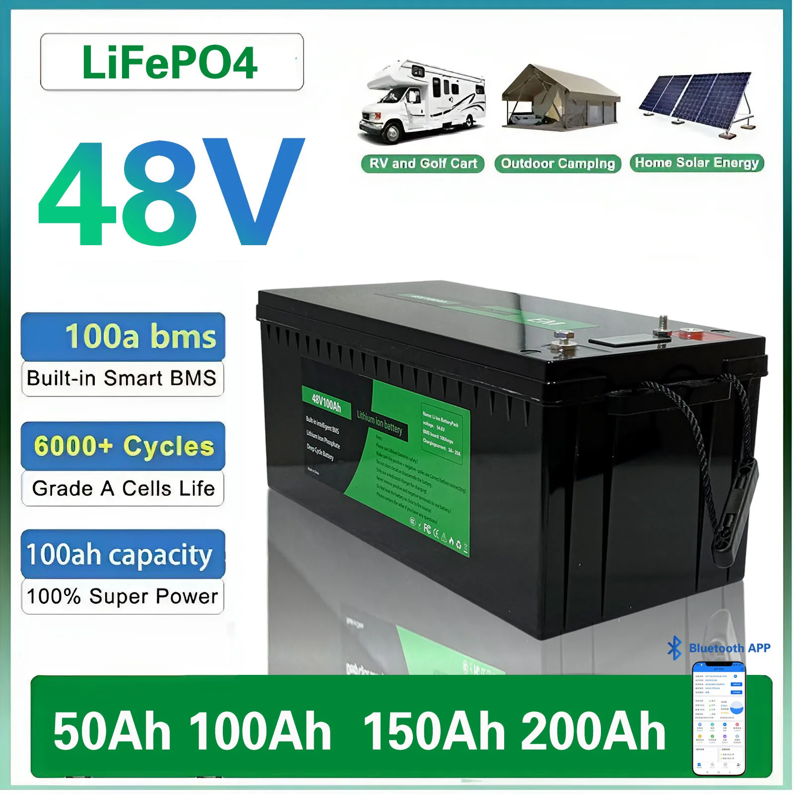 

48v 50Ah 100Ah 150ah 200ah lifepo4 battery with Bluetooth for tricycle golf cart inverter Solar energy storage scooter RV 58.4V