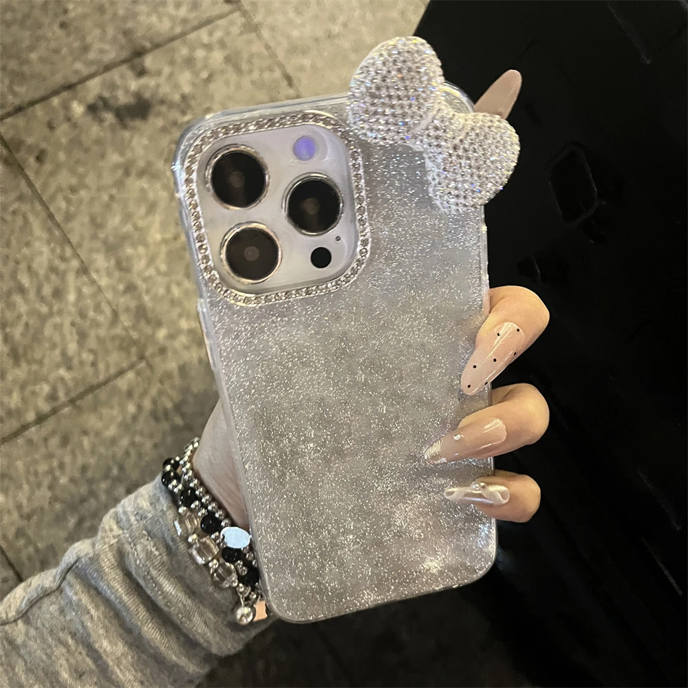 Luxury 3D Flash Diamond Bow Glitter Phone Case For iPhone 15 13 14 12 16 Pro Max 11 Silver Blingbling Shockproof Back Cover