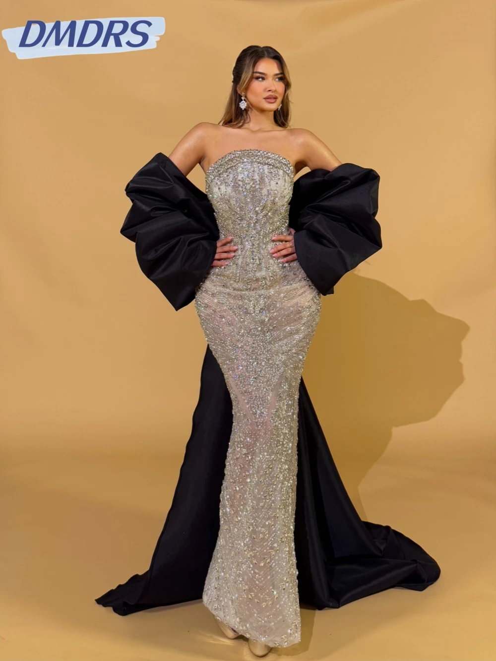 

Luxurious Silver Crystal With Cape Evening Dress Illusion Strapless Straight Long Wedding Party Gown Customized Prom Dresses