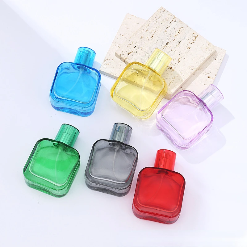 50ML Colorful Square Glass Perfume Bottle Small Sample Portable Perfume Refillable Scent Sprayer Cosmetic Spray Bottle