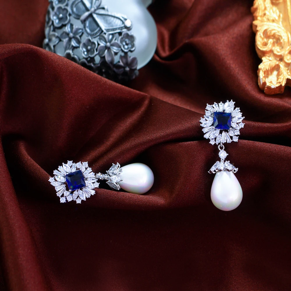 CWWZircons Sparkling Dark Blue Cubic Zirconia Dangling Drop Pearl Long Wedding Banquet Engagement Party Earrings for Women CZ982