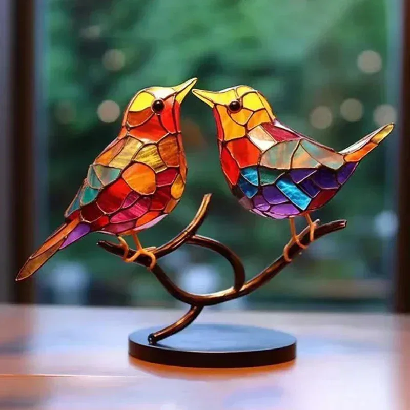 2/3/5 Multicolor Birds Stained Acrylic Birds on Branch Desktop Ornaments Double Sided Multicolor Style Craft Statue Ornaments