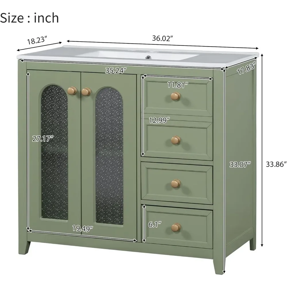 Armoire de rangement autoportante avec 3 portes en verre, vanité verte avec évier et chlore, 36 po