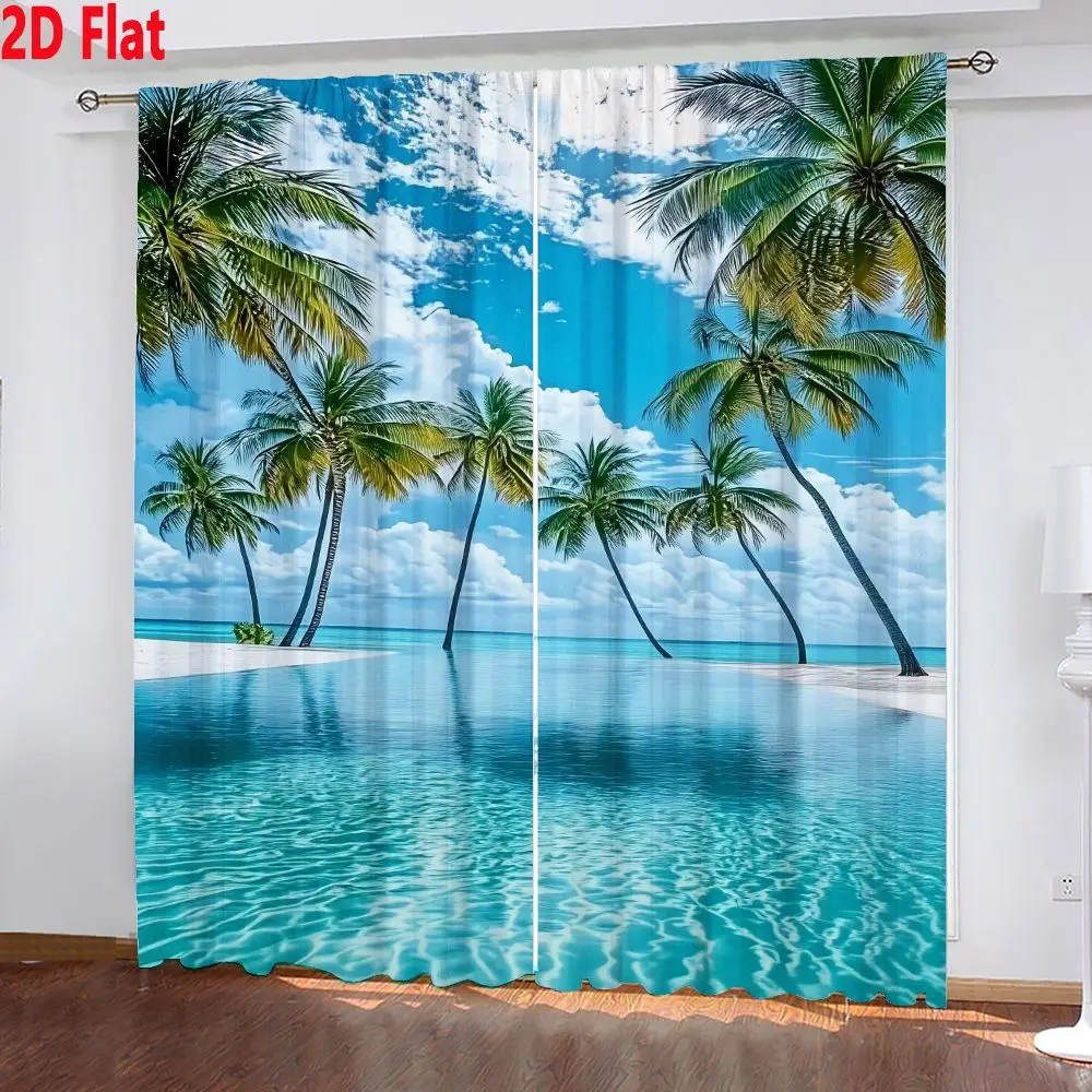2D Flach - 2 Stück Palmen-Vorhänge Tropischer Strand Pool Ozean Druck Vorhang Sommer Wohnzimmer Fensterdekoration Küsten-Heimdekoration