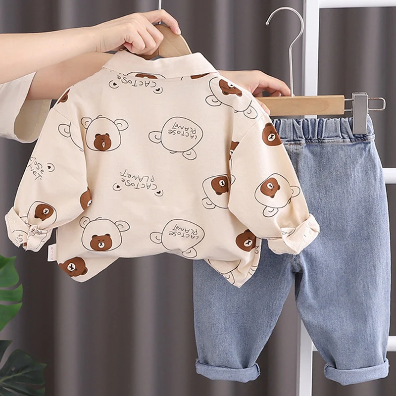 Baby Boys Fashion Clothing Set Autumn Spring New Full Print Cartoon Bear Long Sleeve Shirt+Jeans 2Pcs For 1-5Y Kids Casual Suit