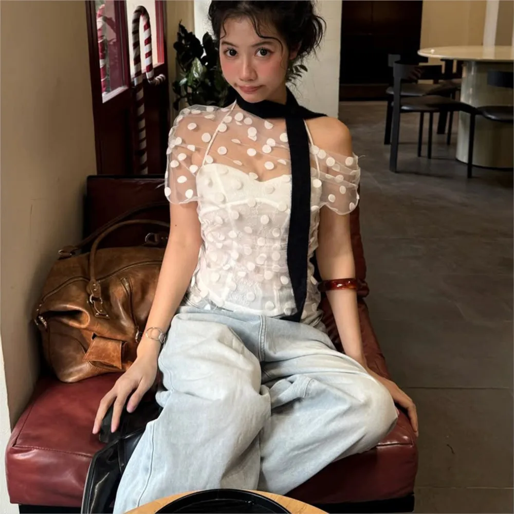 2026 Polka Dot 2 Pieces Set For Woman Two Piece Outfit Neck Halter Blusas Camiseta Mesh Smock See Through Sweet Temperament Chic