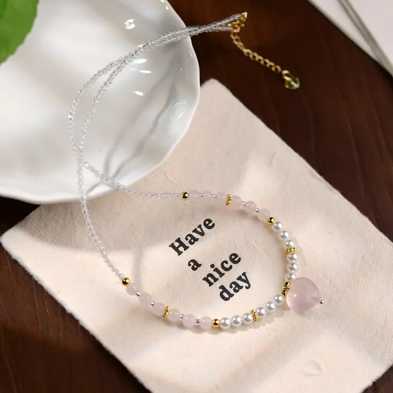 Powder crystal necklace wholesale simple and fresh pearl heart-shaped pendant jewelry fashionable versatile exquisite powder