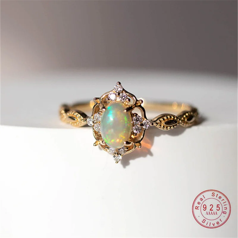 

925 Sterling Silver Plated 18K Gold Imitate Opal Zircon Ring Luxury High Quality Jewelry Gifts For Women Girls