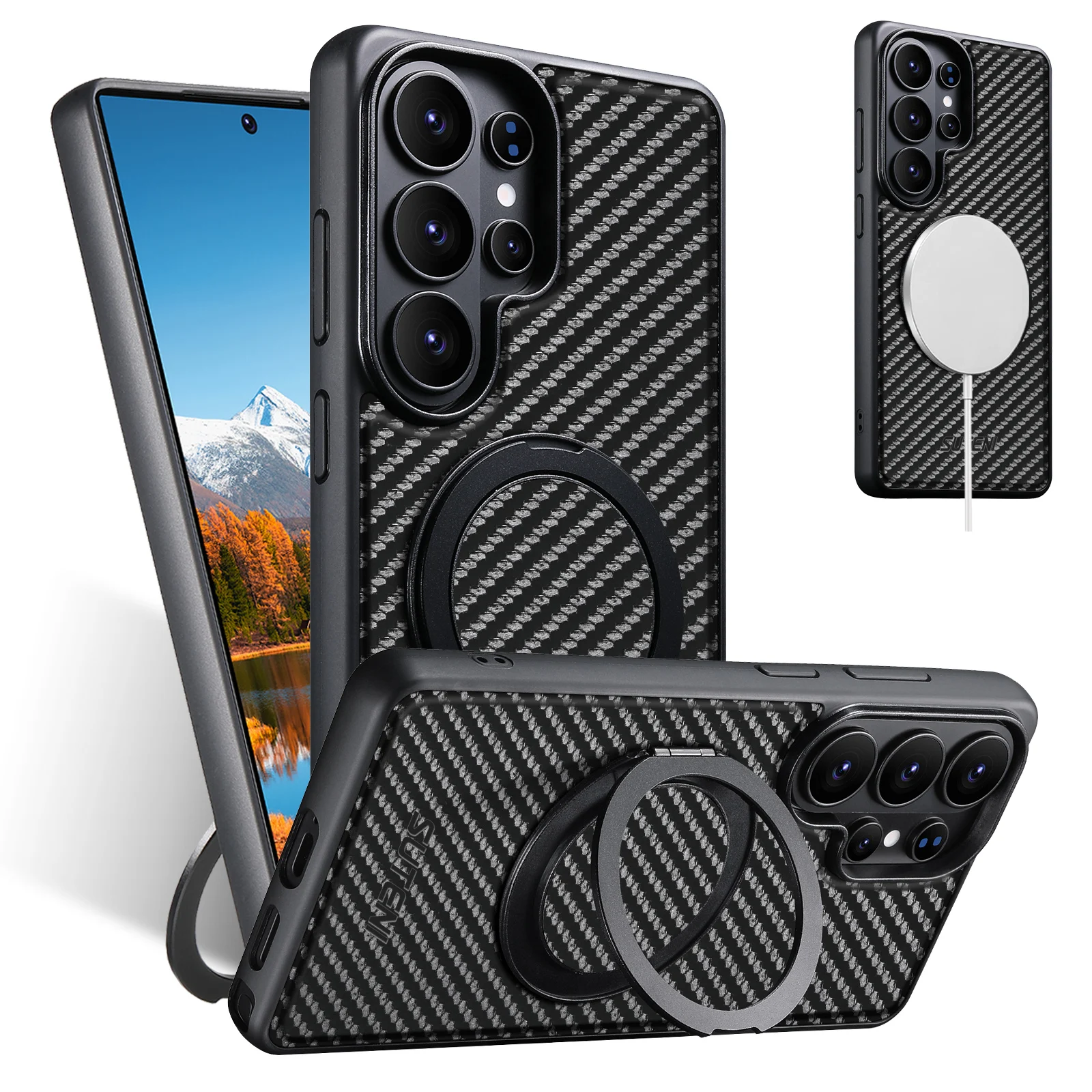 Image of Kohlefaser Starke Magnetische Leder-Brieftasche Kartenfach Handyhülle für Samsung S26 Ultra S25 Plus S24 S23 Kabellose Ladehülle