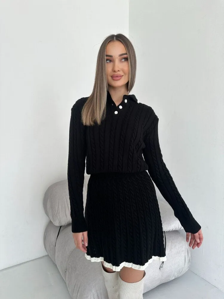 Women\'s Two-piece Long Sleeved Knitted Button Sweater Short Skirt Set for Autumn/winter 2024