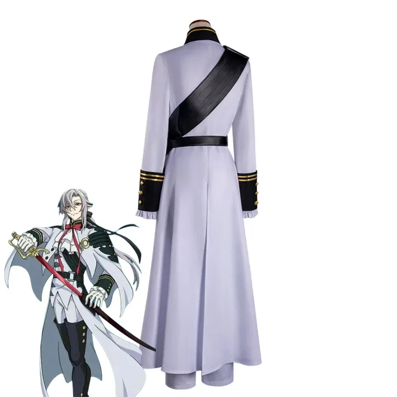 Disfraz de Anime Seraph of The End Ferid Bathory, capa blanca, Tops, abrigo, uniforme de combate, peluca, traje de Carnaval para hombre y mujer de adulto, 5 pies