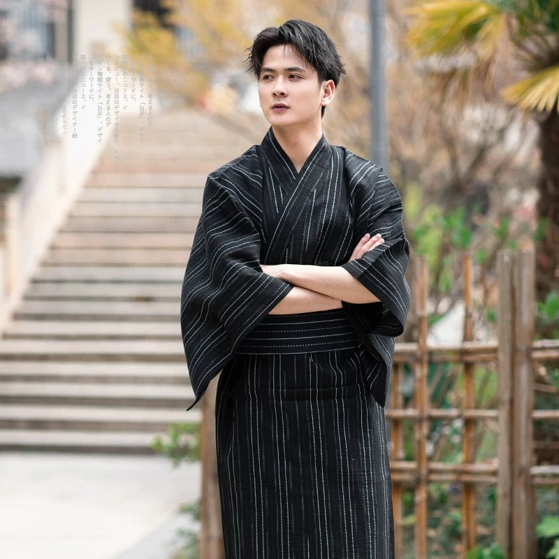 Black Summer Navy Japanese Traditional Samurai Kimono For Men Yukata Bathing Robe Hekoobi Loose Style Homewear Long Gown Cotton