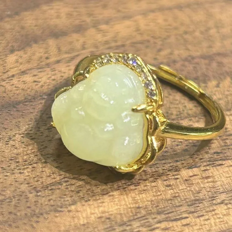 Hotan Buddha , Silver Inlaid White , Jade Ring
