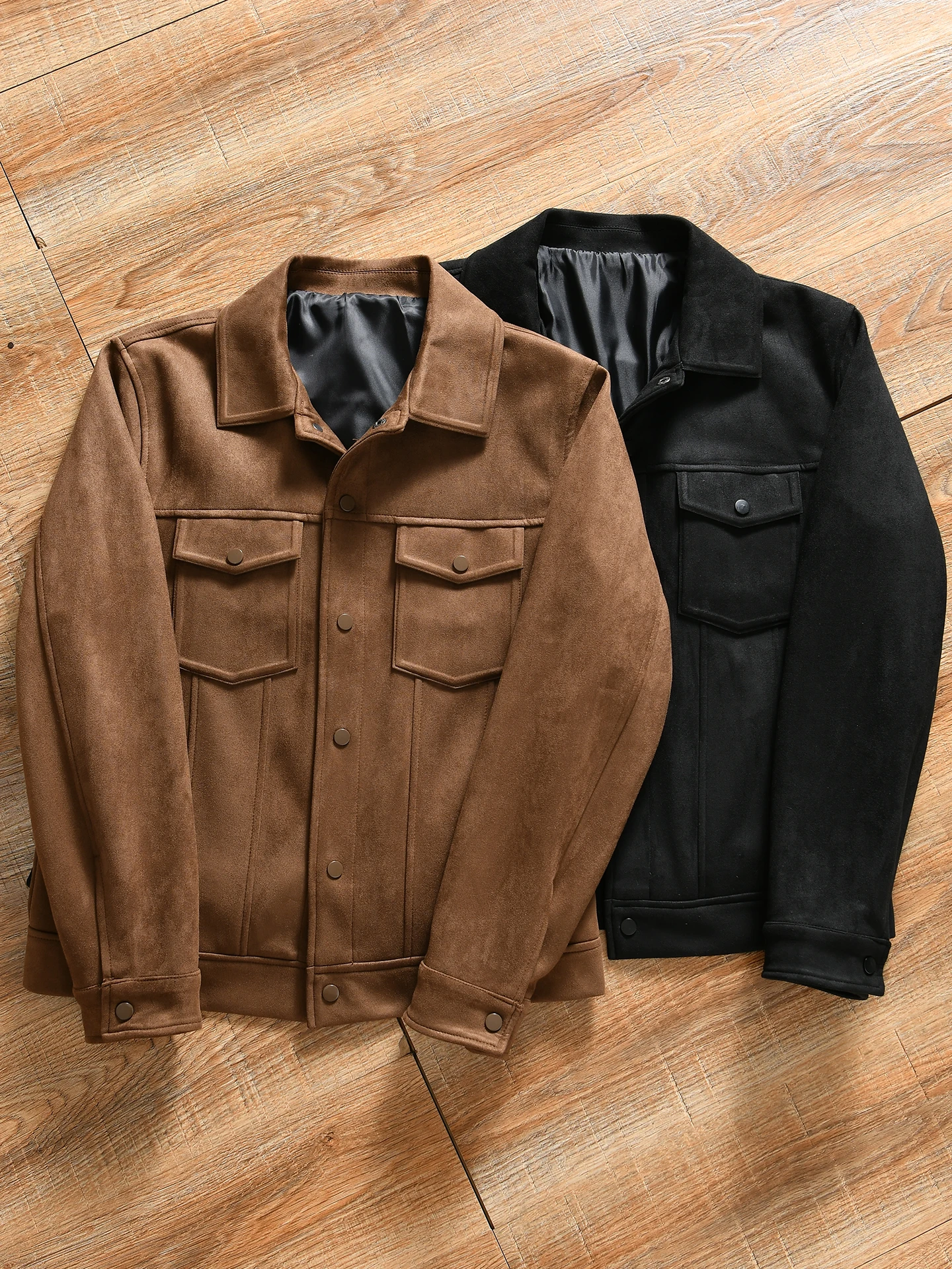 Men's Suede Jacket Retro Collar Autumn Winter Loose Fit American Style Windproof Long Sleeve Pure Color Button Closure Coat