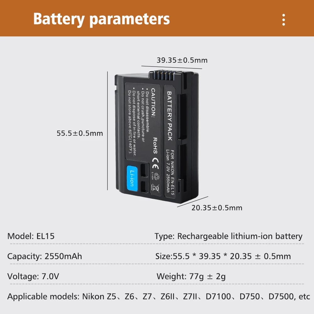 2550Mah EN-EL15C El15c En El15 Batterij + Led Dual Oplader Voor Nikon Z5, Z6, Z6 Ii, Z7, Z7ii D780, D850, D7500, D500, D600