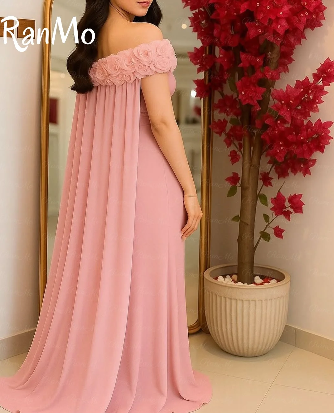 Ranmo 2025 Customized Mermaid Flowers Shawl Chiffon Prom Dress Pink Floor Length Party Gowns Vestidos De Fiesta Evening Dresses