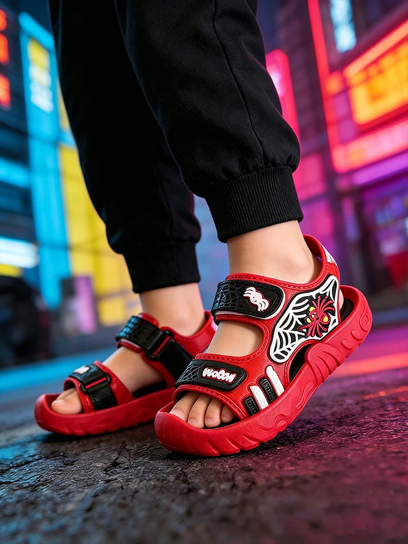 Multi Cool Color Spider Pattern Jungen-Sandalen, weiche, atmungsaktive, offene Zehenpartie, All-Match-Sommerschuhe für Kinder – Detail 2
