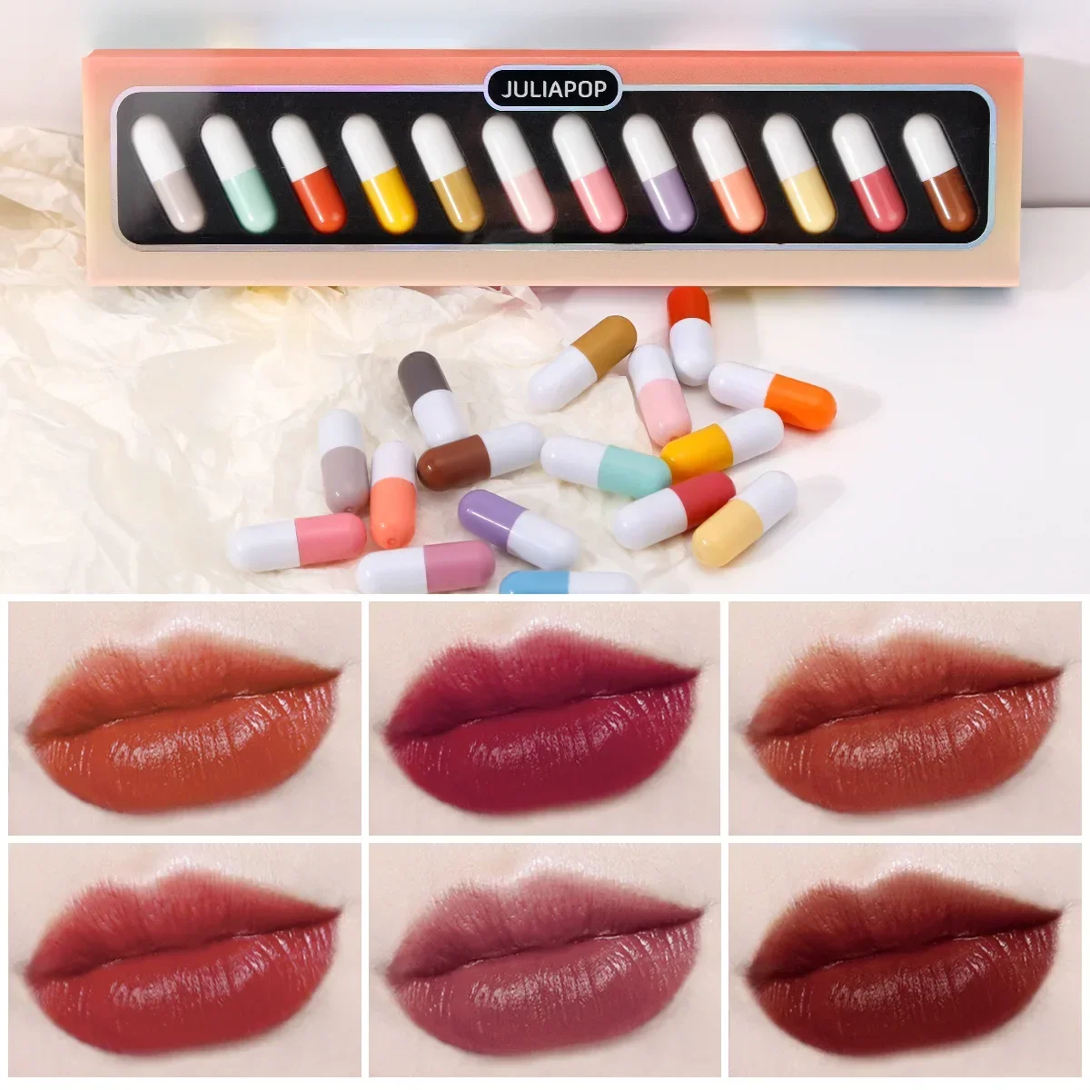 Mini 12-Farben-Kapsel-Lippenstifte-Set, wasserdicht, antihaftbeschichtet, für Tassen, Tragepillen, Lippenstift, Neuheit, Lippen, Make-up, DIY-Lipgloss für Frauen