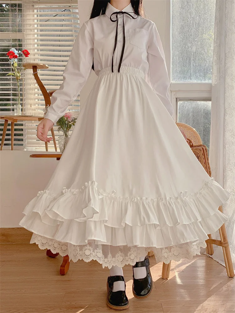 2022 New Japanese Solid Color Double Layer Vintage French Ruffled A-line Skirt Hepburn Style Black Half Skirt Female Long Skirts