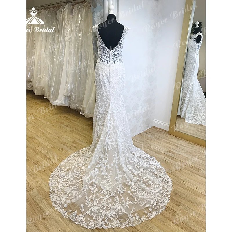 Sexy boho o-pescoço boné manga ilusão voltar botão apliques rendas sereia vestidos de casamento tule vestidos de noiva varrer robe de mariée