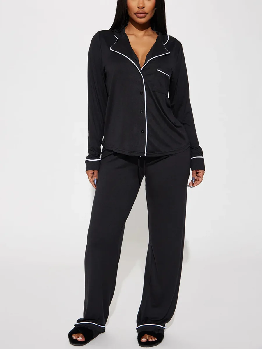 أزياء بلون 2 قطعة مجموعة ربيع الخريف عارضة التلبيب كم طويل زر جيب قميص عالية الخصر بنطال ذو قصة أرجل واسعة مجموعة النساء