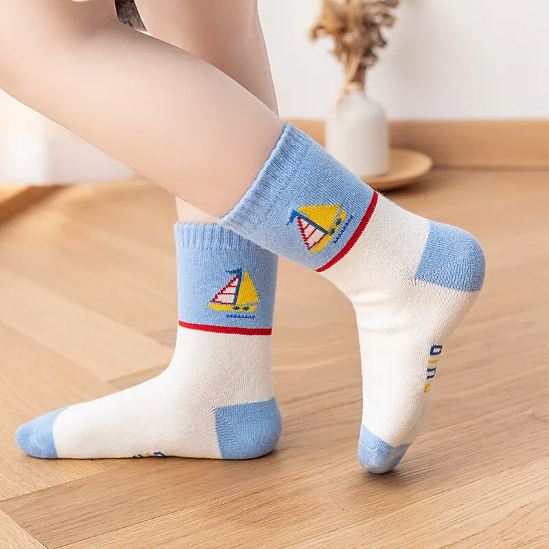 5 Pairs Of New Autumn And Winter Childrens Socks Striped Sailboat Boys Socks 4 to 8 Year Old Socks