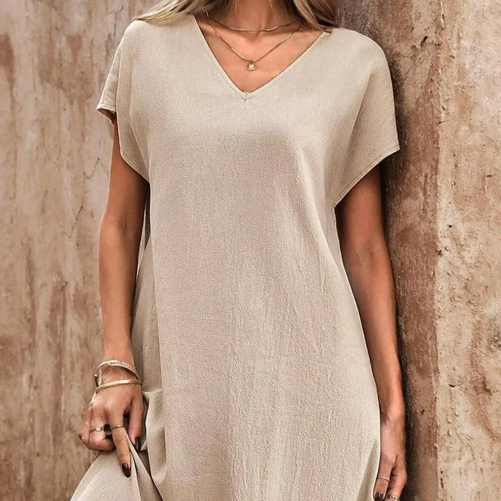 Vintage Women Solid Mini Dress Summer Fashion V-neck Three Quater Sleeve Cotton Linen Dress Ladies Casual Holiday Vestidos