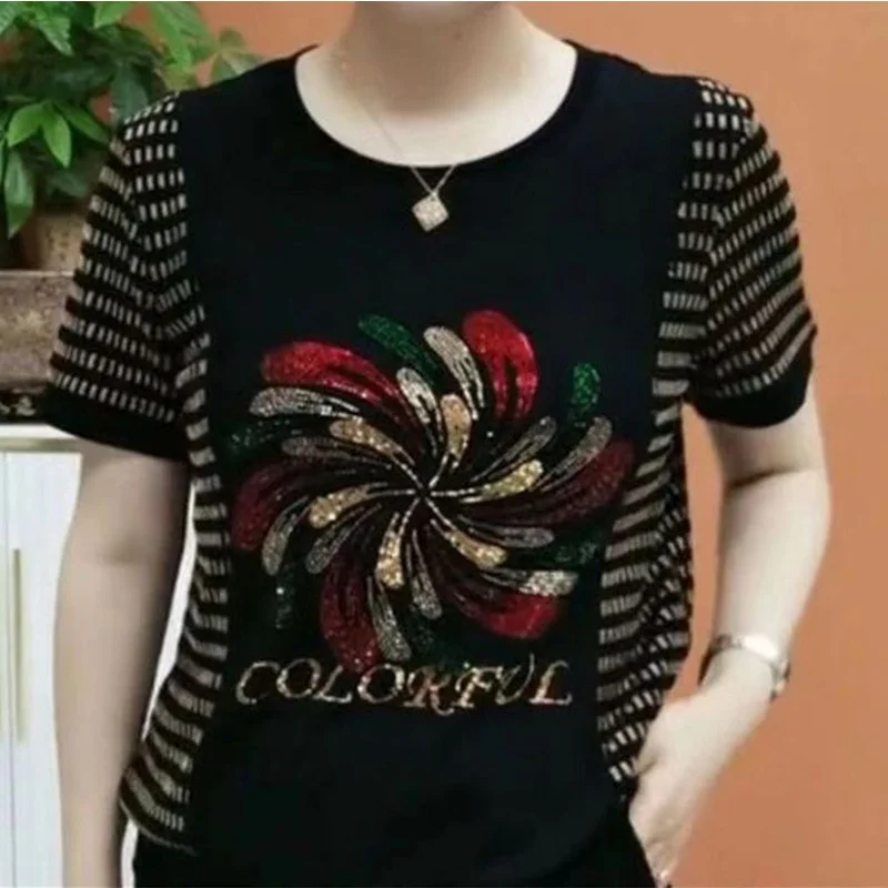 女性用半袖ルーズフィットシャツ,ハイウエスト,ルーズフィット,エレガント,ファッショナブル,プリント,ストライプ,クルーネック,シック,y2kトップス,夏,ニュー,2024