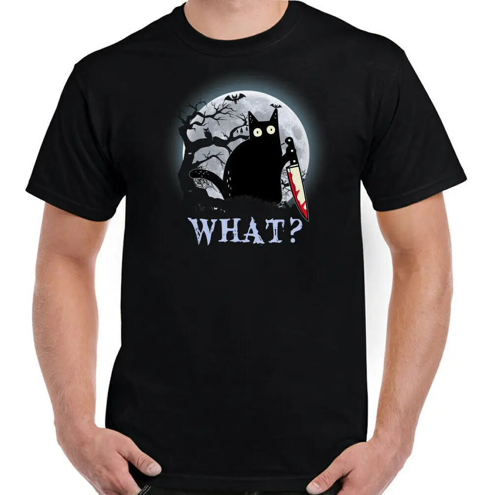 

CAT WHAT T-SHIRT, Halloween Mens Witch Black Horror Murderous Funny Unisex TOP