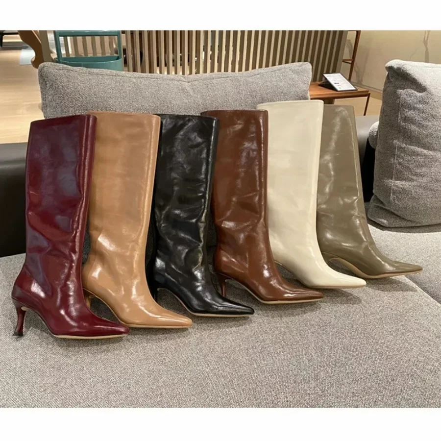 New 2024 Women\'s Fashion Modern Long Boots High Heels Solid Elegant Knee High Boots Female Sexy Pointed Toe Leather Knight Boots