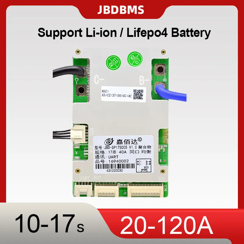 

Умная плата BMS JBD 10S 11S 12S 13S 14S 15S 16S 17S 80A 240A для литиевых аккумуляторов LifePo4 36В 48В со встроенным Bluetooth и функцией умного балансировки