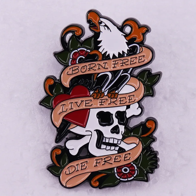 A2140 Art Born Free Live Free Die Free Enamel Pins Skeleton Brooches Clothes Backpack Lapel Badges Fashion Jewelry Accessories