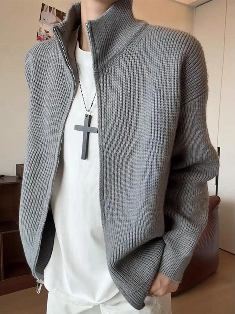 

Мужской вязаный кардиган Cleanfit с двойной молнией, свободного кроя, в стиле Lazy Sle, с воротником-стойкой, на осень