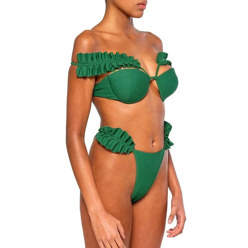 Solid Color Sexy Ruffle Bikini Set Women Backless Two Piece Swimwear Fashion Push Up Luxury Swimwear Bathing Suit Beachwear 2024